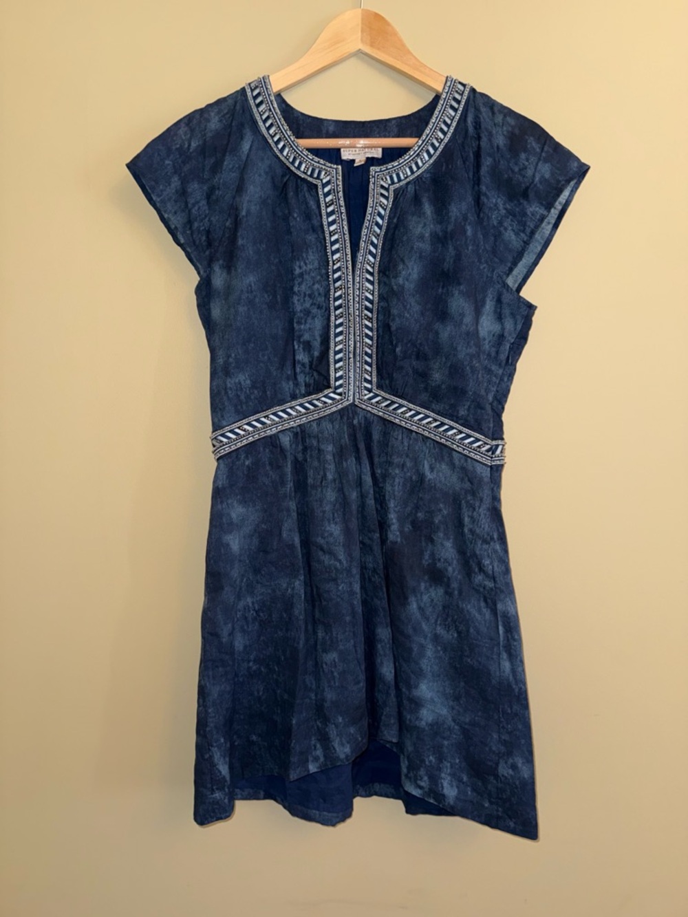 Super Natural Short Sleeve Mini Dress Sz S Tie Dye Blue Beaded Trim Minimalist